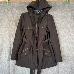 Steve Madden Parka Coat Black Faux Fur Hood Long Winter‎ Jacket Womens M Crest